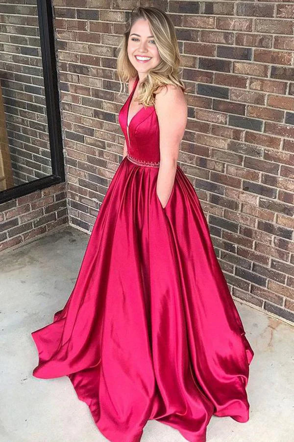 Vestido de fiesta largo de satén con escote en V y corte A para noche